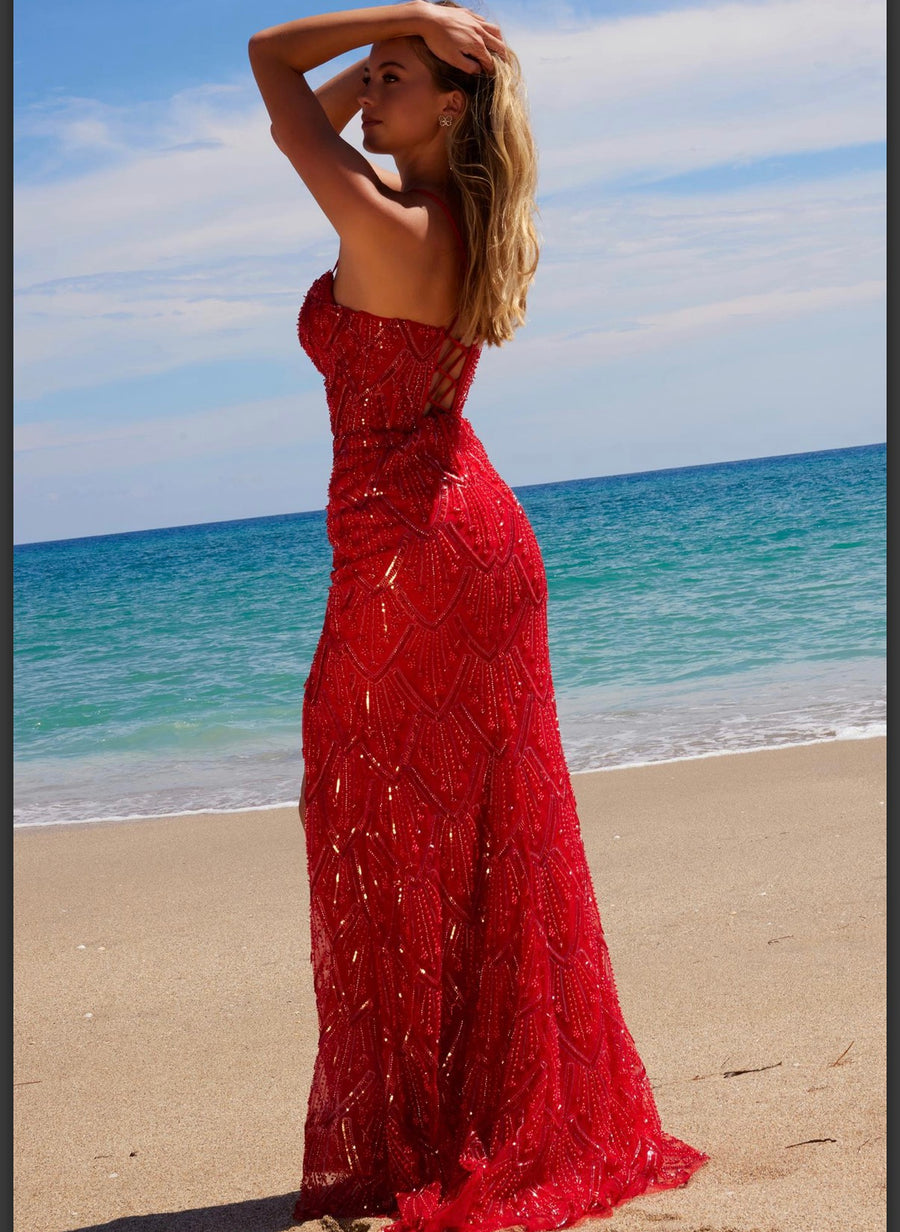 Red Beaded Tulle Lace-Up Dress with Slit
