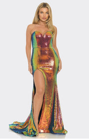 Sequence Gold black shimmer strapless High slit gown