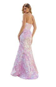 Ivory Pink Floral brocade gown with sculpted sweetheart corset