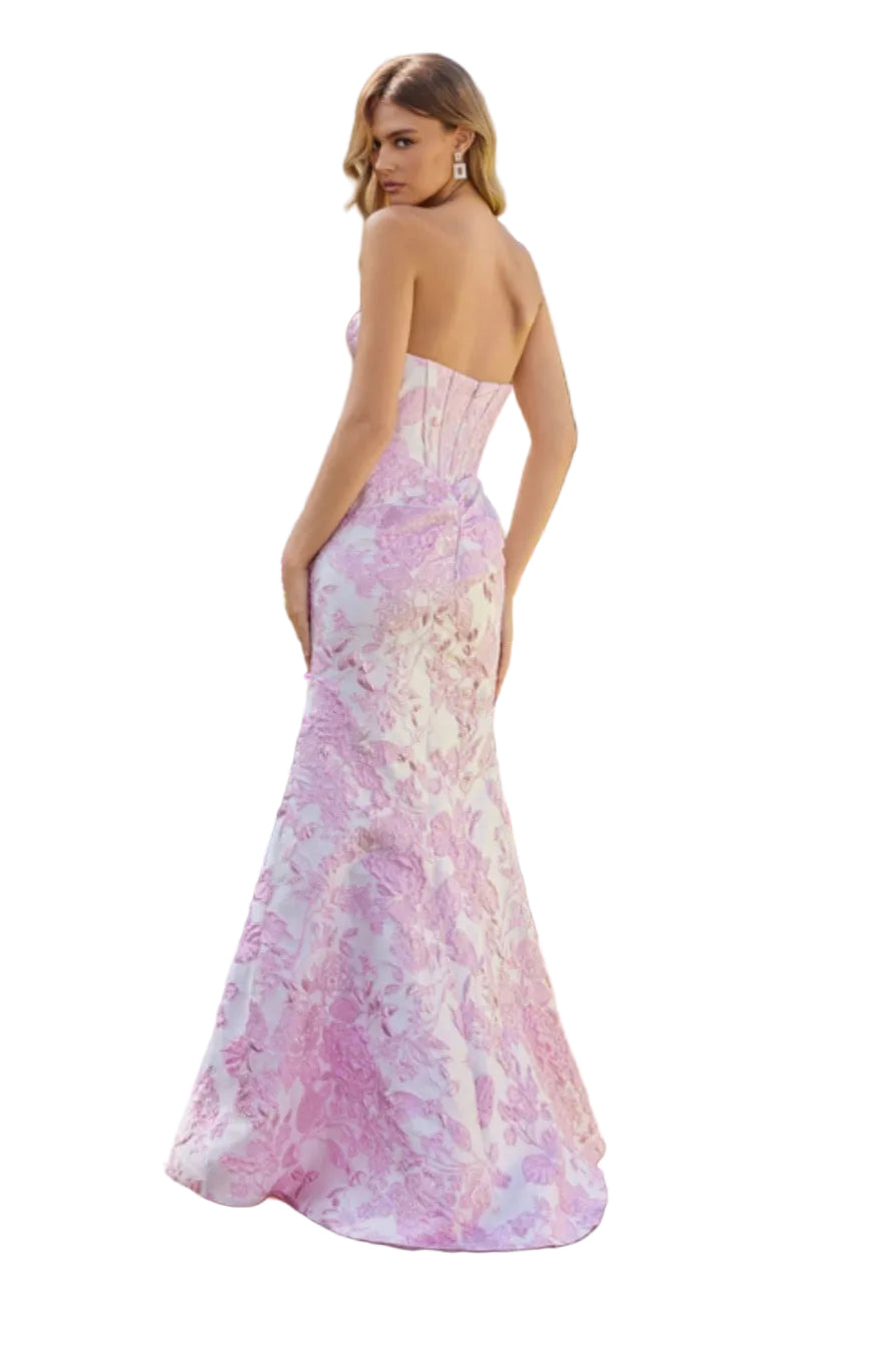 Ivory Pink Floral brocade gown with sculpted sweetheart corset