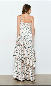 Satin Polka Dot Tiered Ruffle Maxi Dress-cream and green