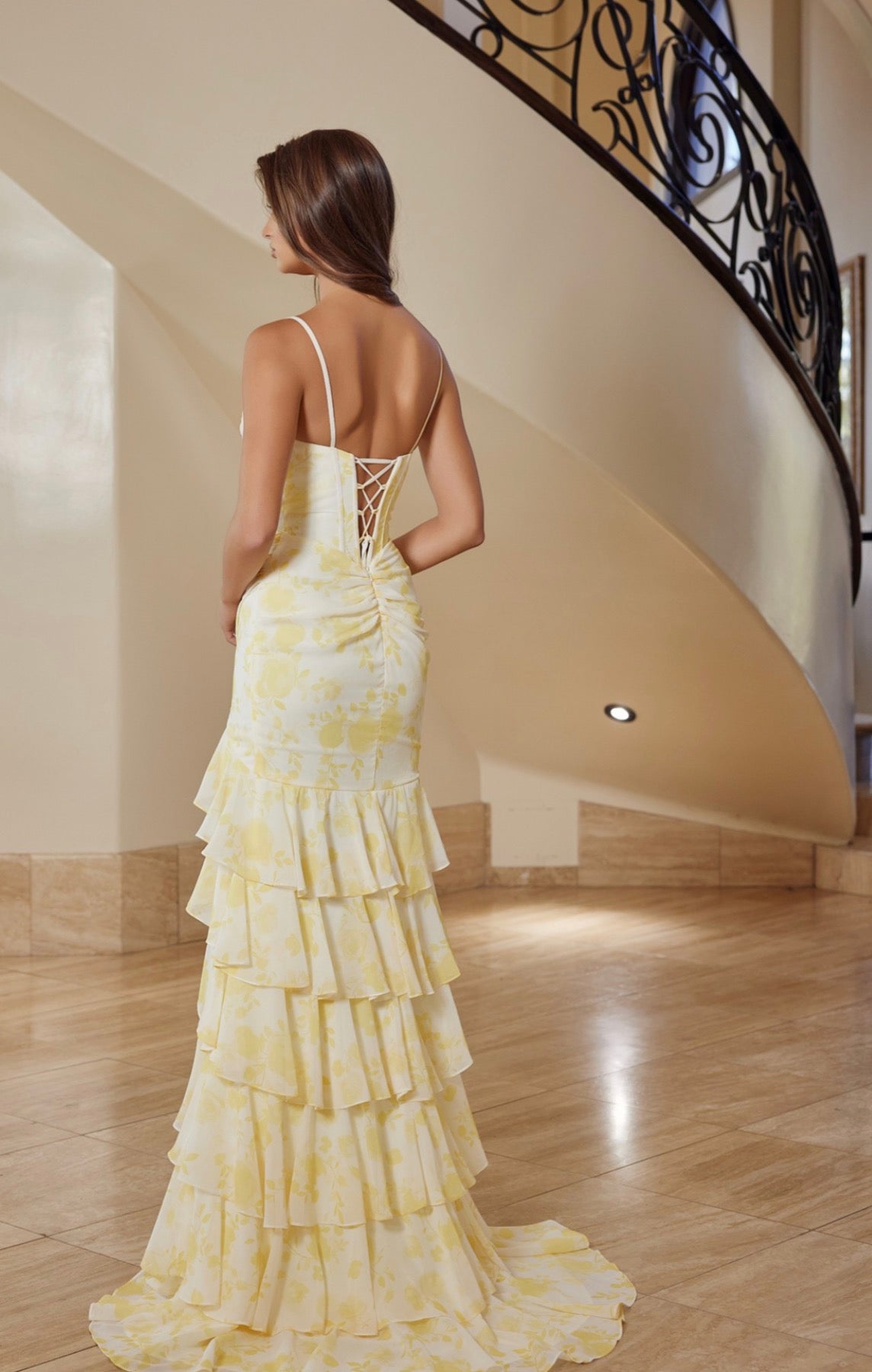 Yellow Floral Long fit-and-flare chiffon gown with delicate thin straps.