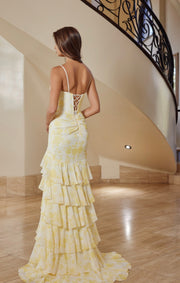 Yellow Floral Long fit-and-flare chiffon gown with delicate thin straps.
