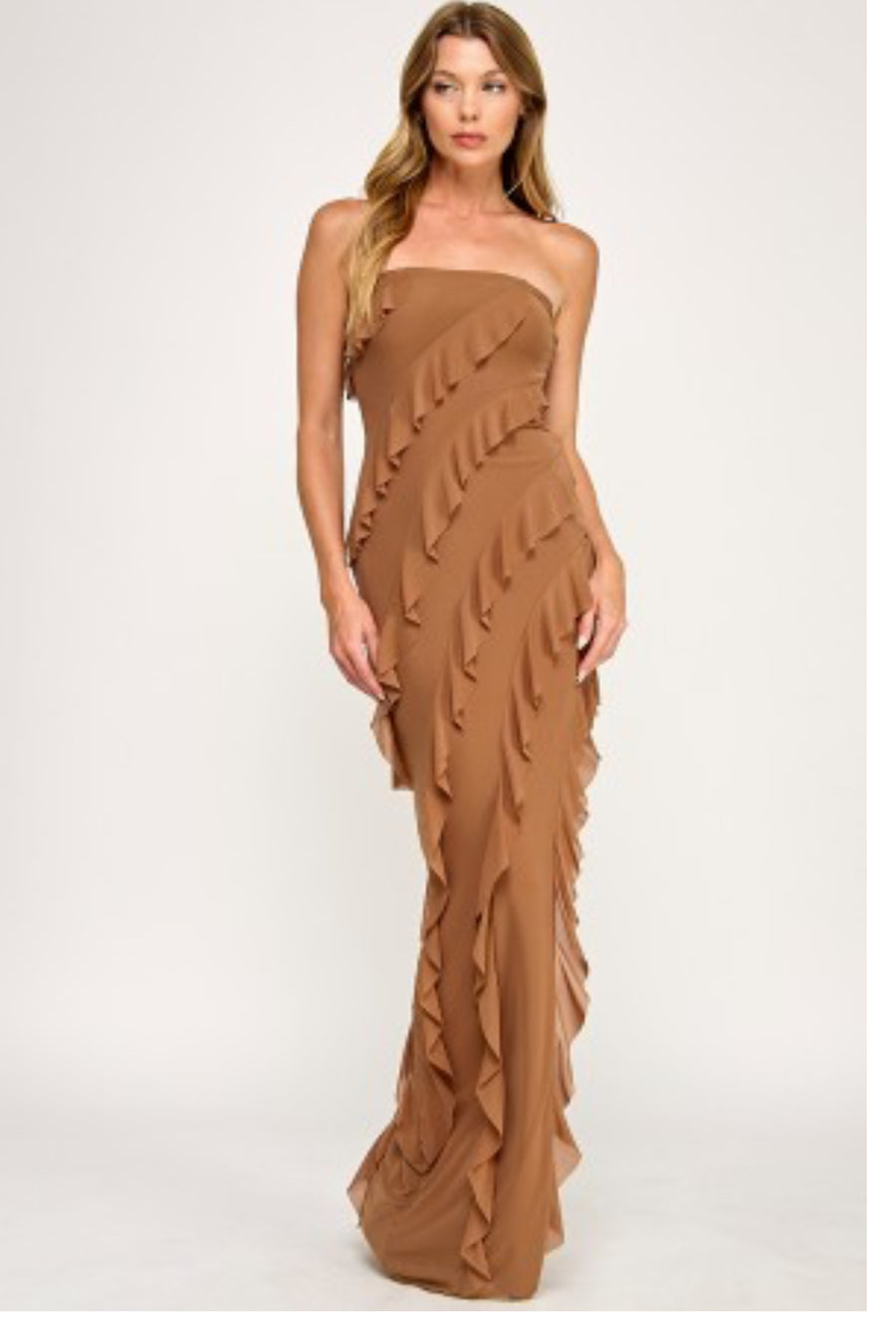 Mocha color Mesh frilled side slit tube dress
