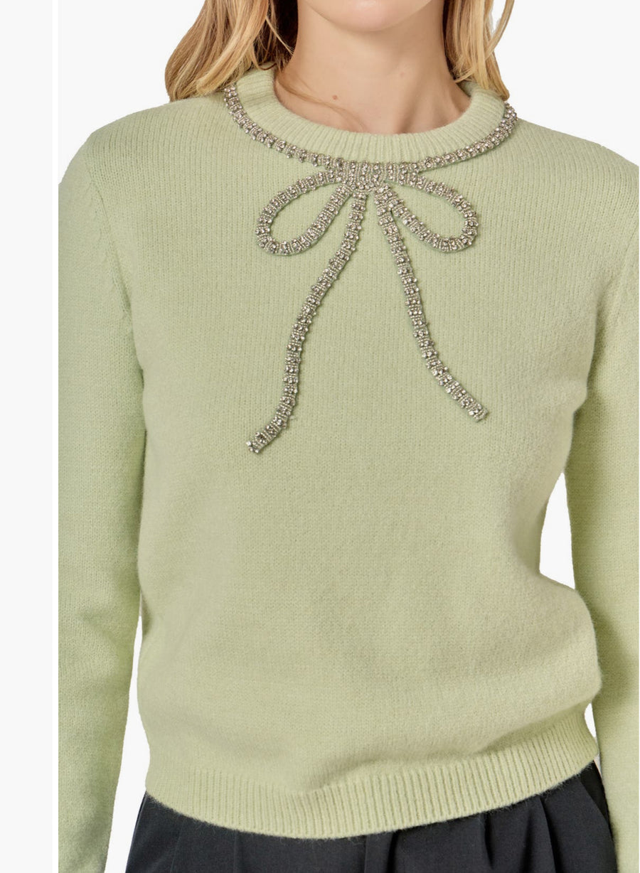 Rhinestones bow sweater- sage