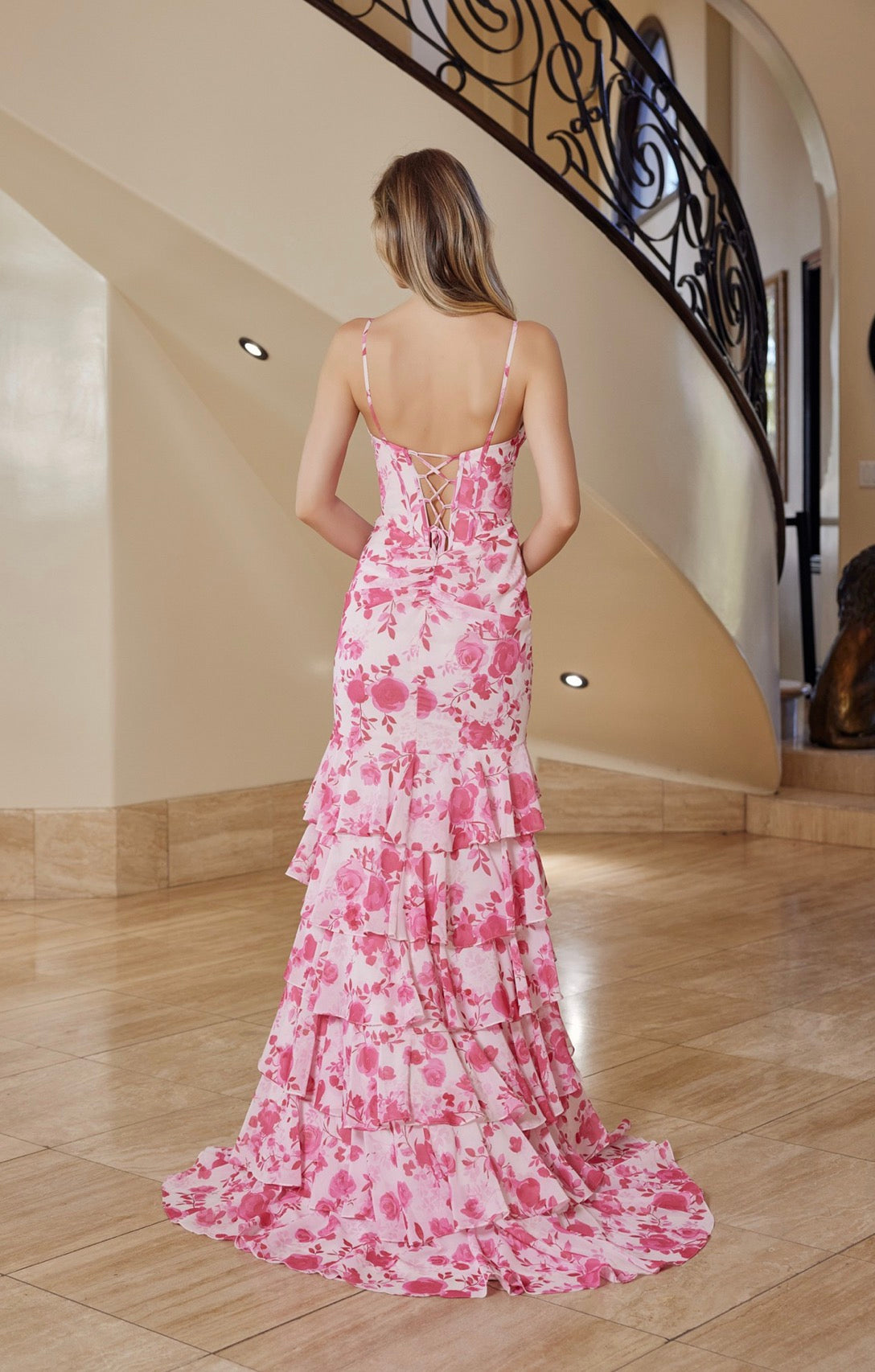 Pink Floral Long fit-and-flare chiffon gown with delicate thin straps.