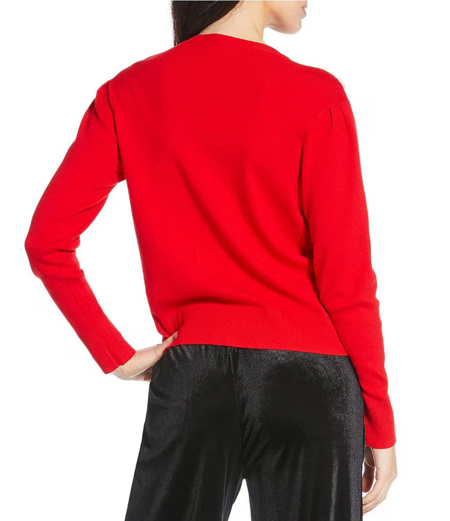 Red Jaina Pearl Bow V-Neck Long Sleeve Cardigan