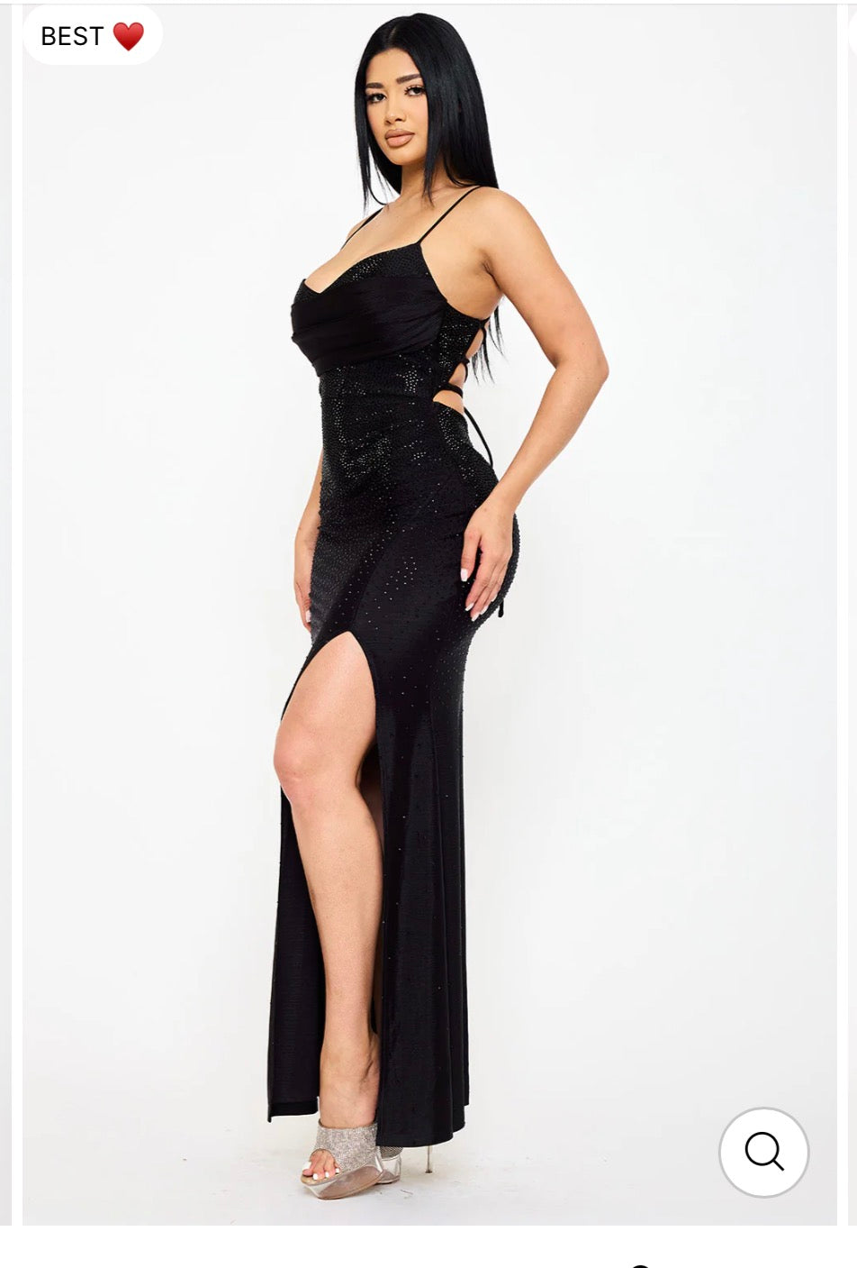 Black rhinestone on shakira rib mermaid maxi dress