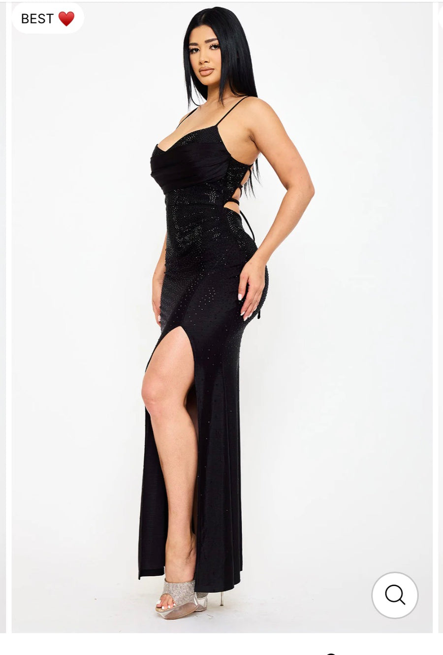 Black rhinestone on shakira rib mermaid maxi dress