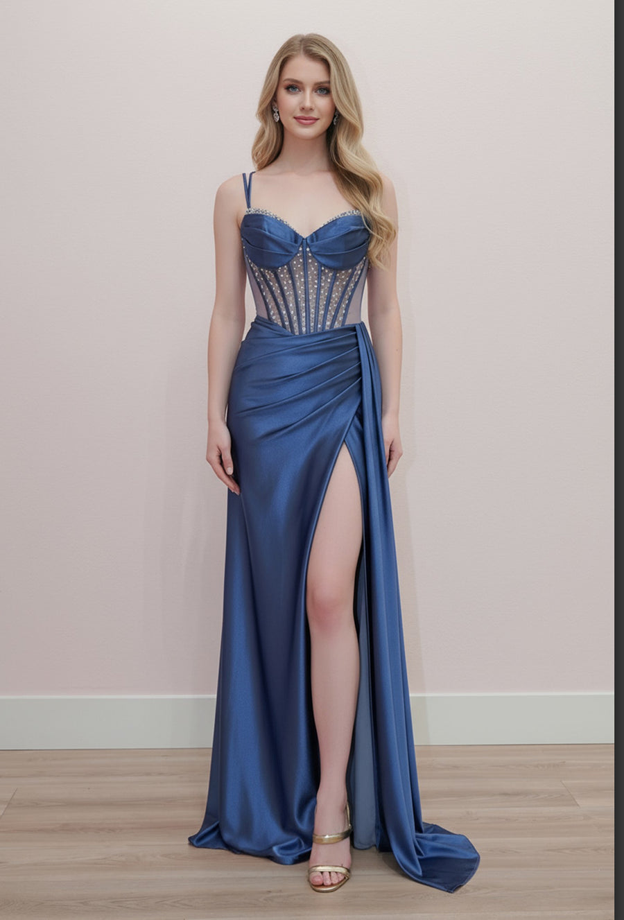 Fit and flare sweetheart bustline and boned waistline-Slater blue