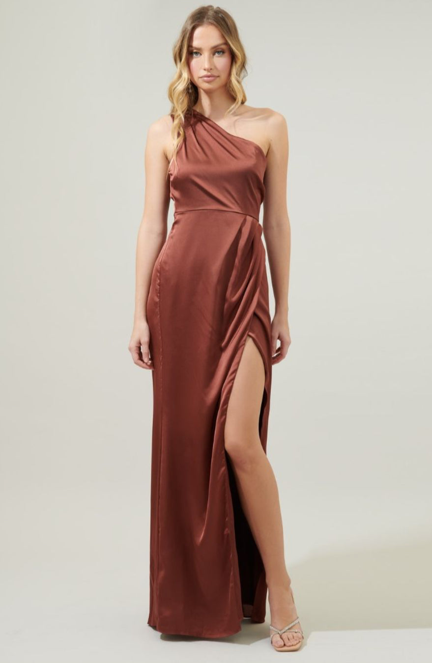 Rust color-Prestige One Shoulder Asymmetrical Maxi Dress – Tabu Knits Boutique
