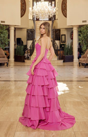 Fuchsia Pastel Pink Long Ball Gown with Layered Skirt