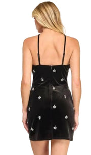 VELVET HALTER NECKLINE RHINESTONE MINI DRESS- Black