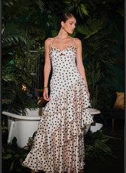 Satin Polka Dot Tiered Ruffle Maxi Dress-cream and green