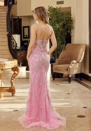 Pink peaked neckline with woven all-over beaded embellishments, fitted silhouette