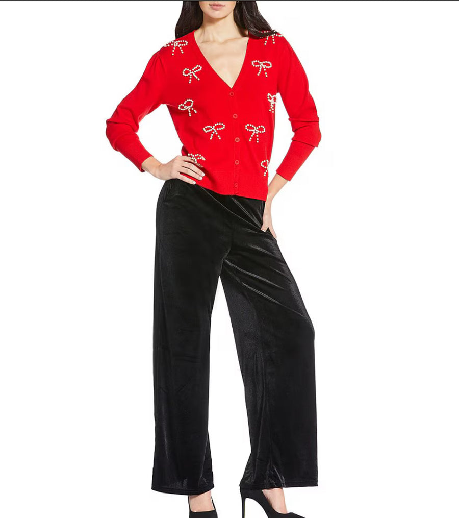 Red Jaina Pearl Bow V-Neck Long Sleeve Cardigan