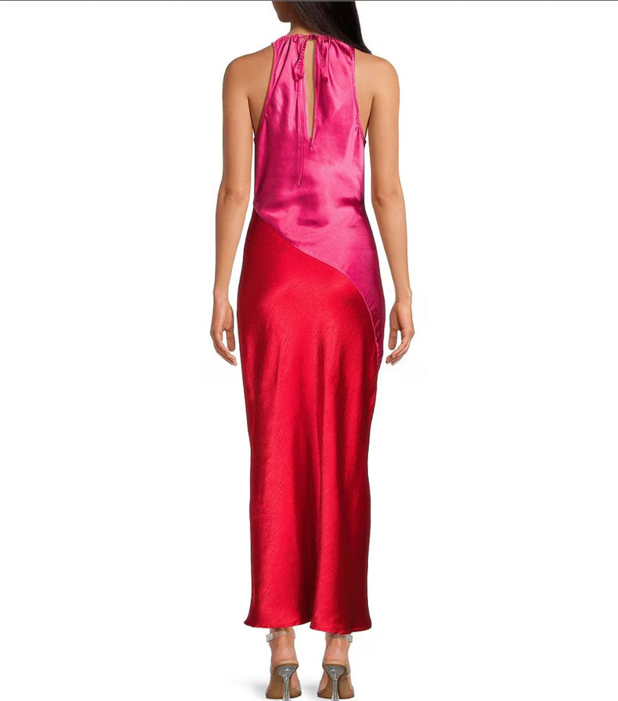 pink and red block dress Pleated Color Block Dress