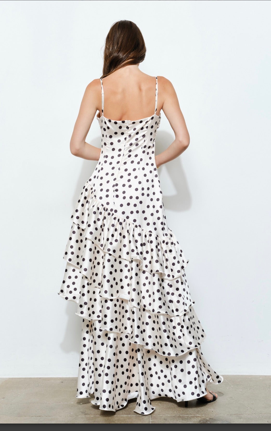 Satin Polka Dot Tiered Ruffle Maxi Dress-cream and black