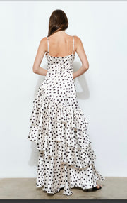Satin Polka Dot Tiered Ruffle Maxi Dress-cream and black