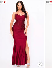 Wine rhinestone on shakira rib mermaid maxi dress