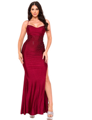Wine rhinestone on shakira rib mermaid maxi dress