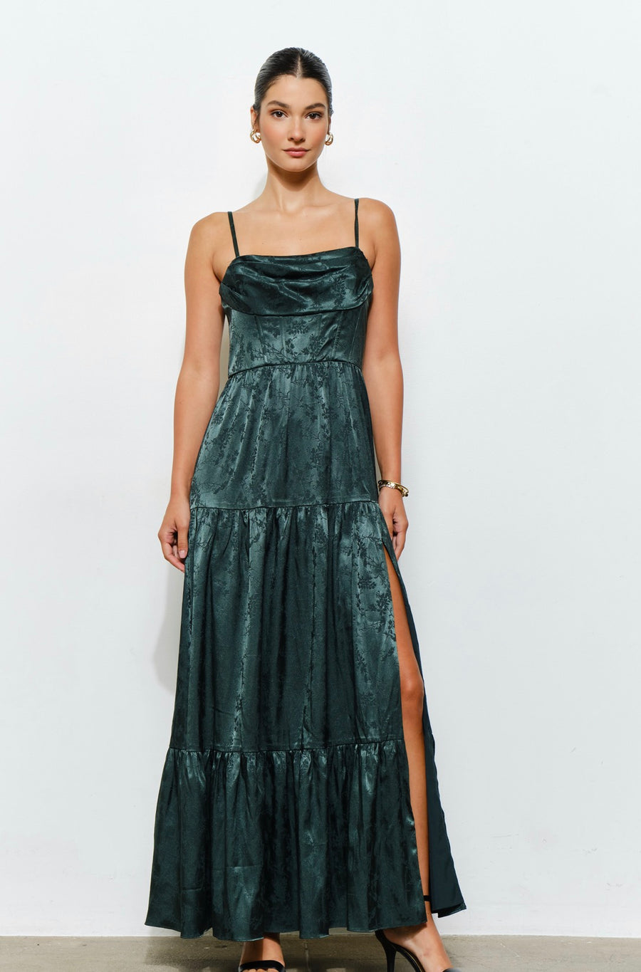 Floral Jacquard Satin Corset-Style Maxi Dress