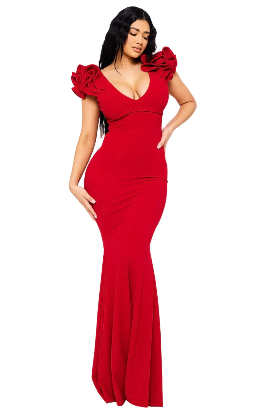 Red Rosette Sleeve Mermaid Dress