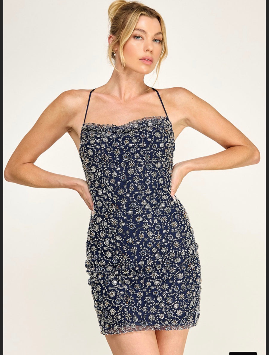Navy  cowneck mesh sequin dress