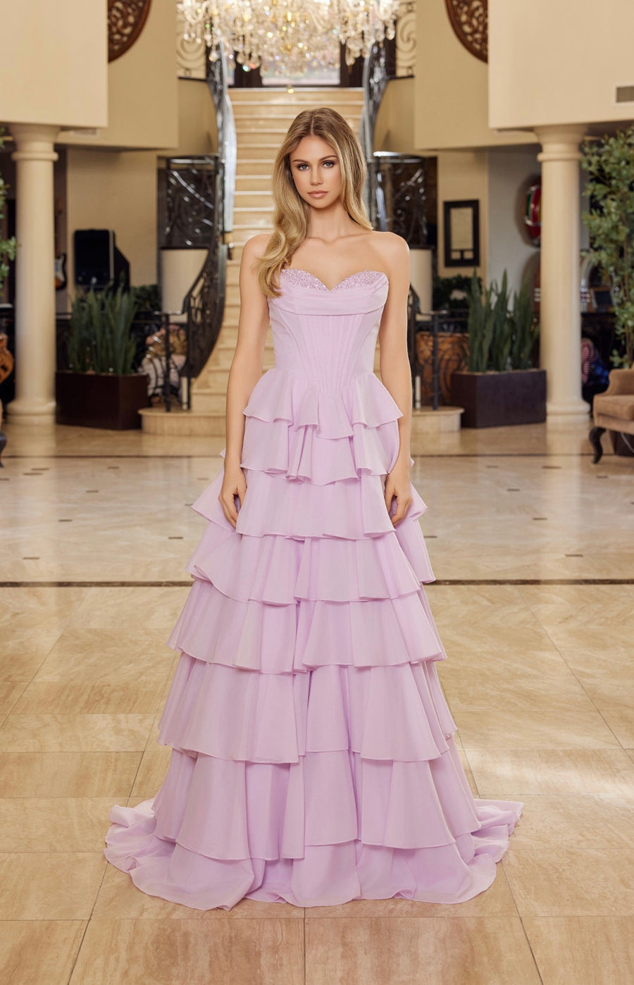 Pastel Pink Long Ball Gown with Layered Skirt
