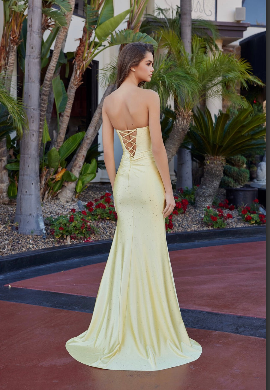 Lemon yellow Semi-sweetheart strapless shiny satin with silver-stone bustline.