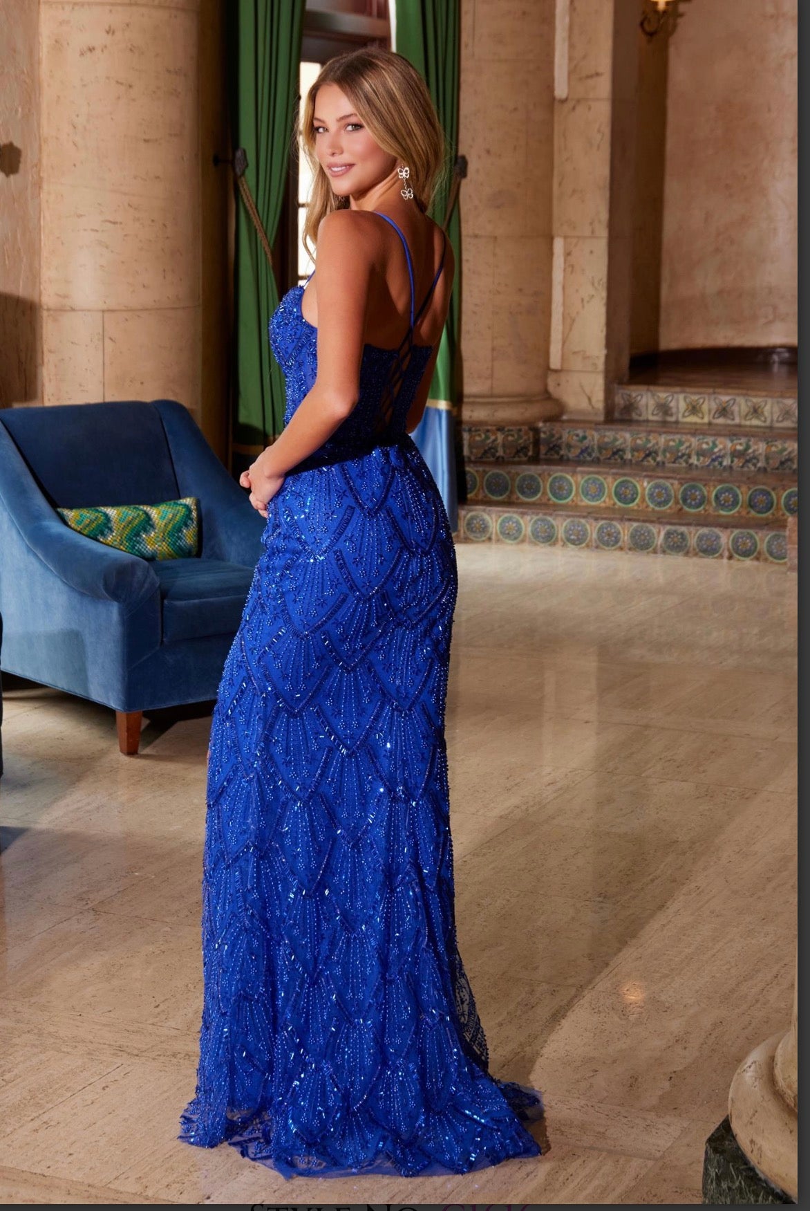 Royal blue Beaded Tulle Lace-Up Dress with Slit Tabu Knits Boutique Royal blue Beaded Tulle Lace-Up Dress with Slit Tabu Knits Boutique
