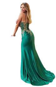 Emerald and gold Strapless Sweetheart Gown with Golden Floral Appliqu