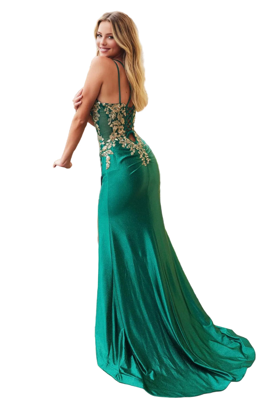 Emerald and gold Strapless Sweetheart Gown with Golden Floral Appliqu