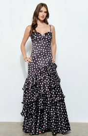 Satin Polka Dot Tiered Ruffle Maxi Dress-Black and white