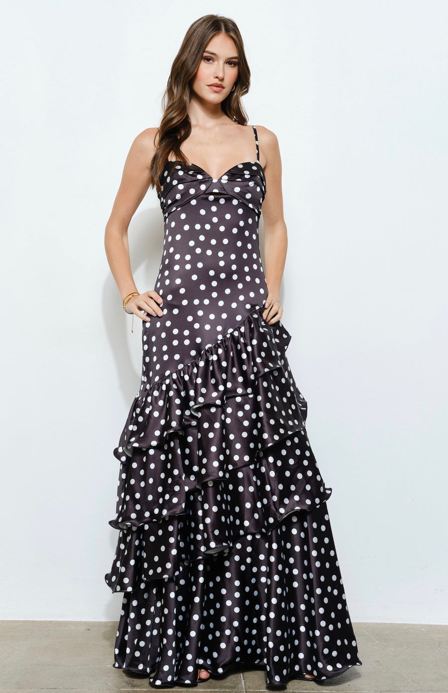 Satin Polka Dot Tiered Ruffle Maxi Dress-Black and white