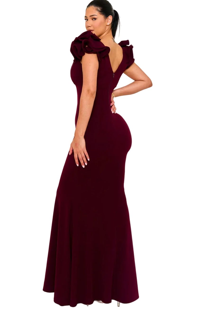 Maroon Rosette Sleeve Mermaid Dress