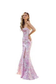Ivory Pink Floral brocade gown with sculpted sweetheart corset