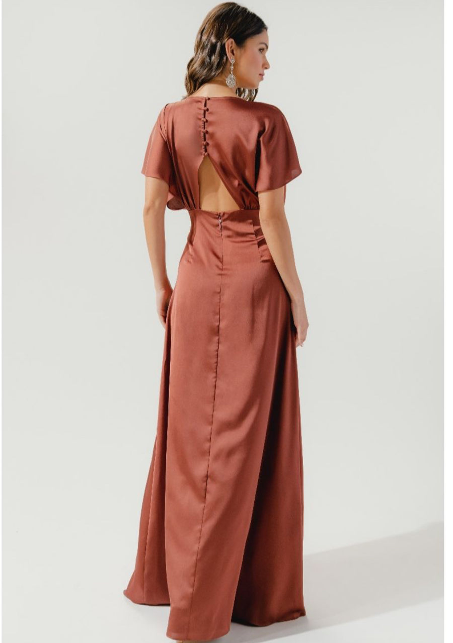 Rust-Darling Flutter Sleeve Cut Out Satin Maxi Dress Tabu Knits Boutique Rust-Darling Flutter Sleeve Cut Out Satin Maxi Dress Tabu Knits Boutique
