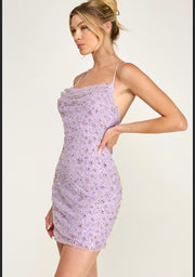 Lavender cowneck mesh sequin dress