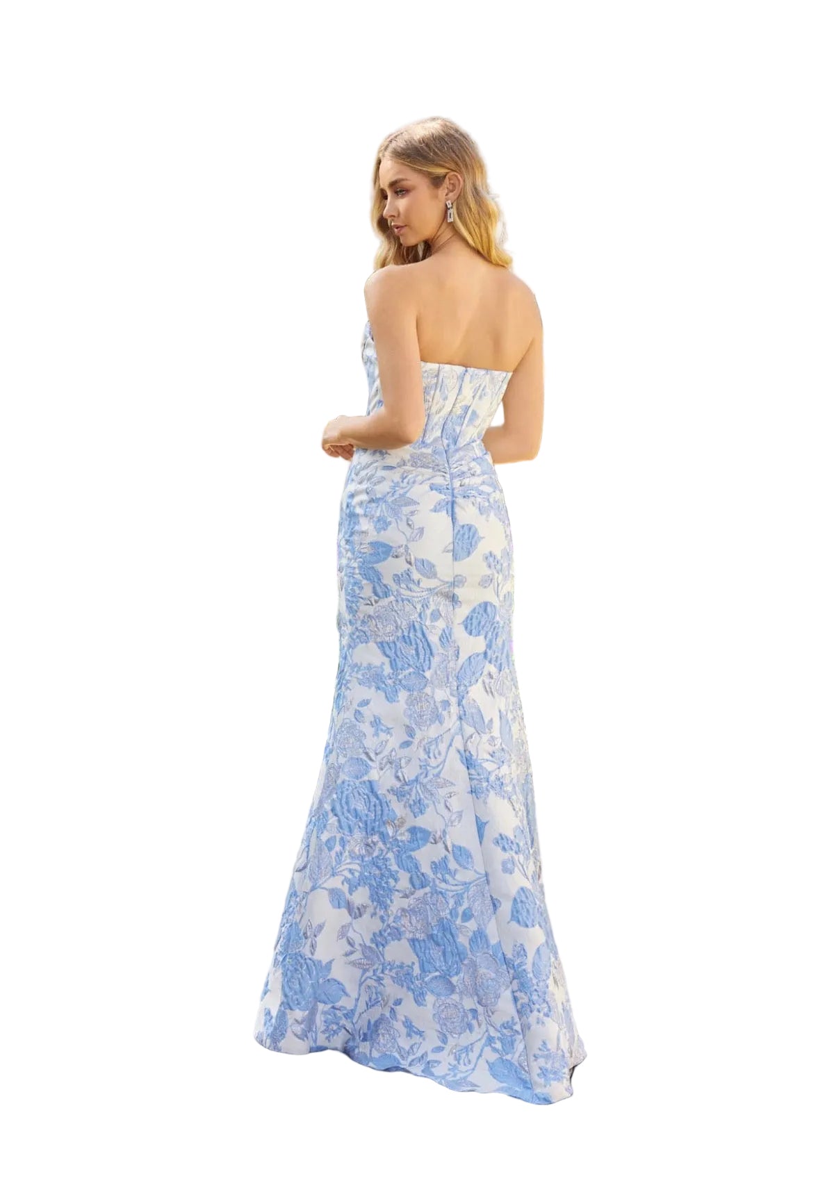 Ivory Blue Floral brocade gown with sculpted sweetheart corset