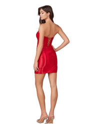 Deep Red strapless shinny satin fitted mini dress