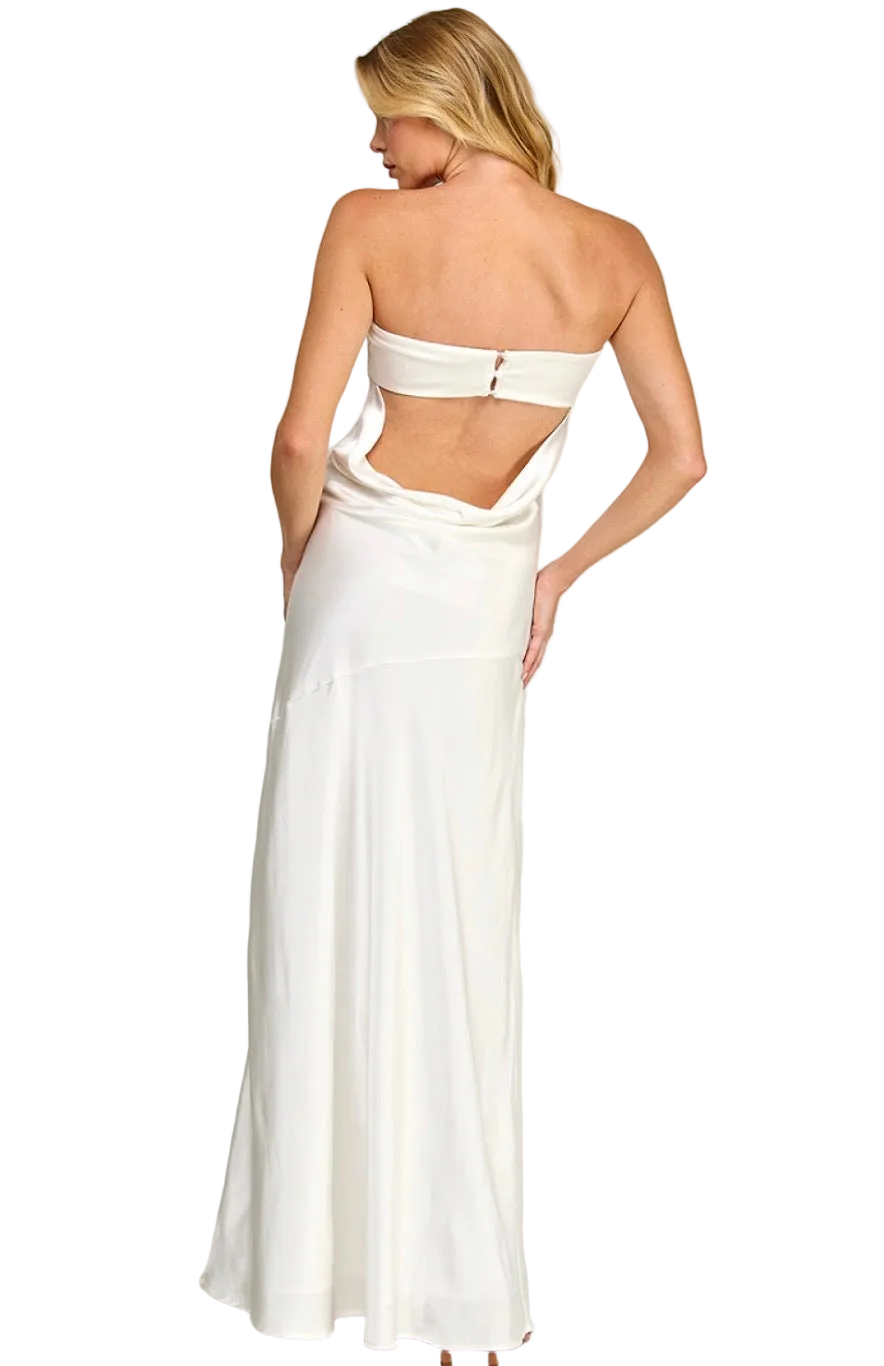 White Strapless Satin Backless Maxi Dress