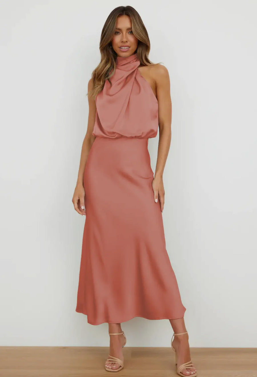 Peach Sleeveless Elegant Satin midi dress