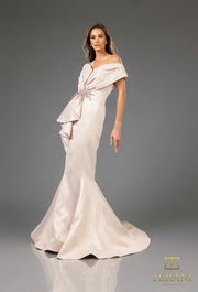 Champagne -251E4201 JACQUARD ASYMMETRICAL SLEEVELESS TRUMPET DRESS