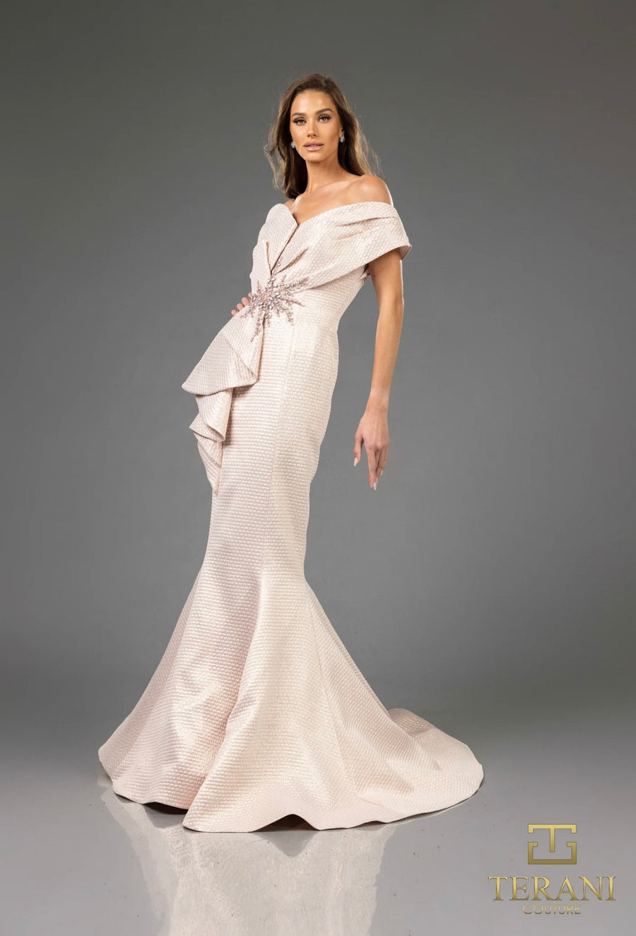 Champagne -251E4201 JACQUARD ASYMMETRICAL SLEEVELESS TRUMPET DRESS