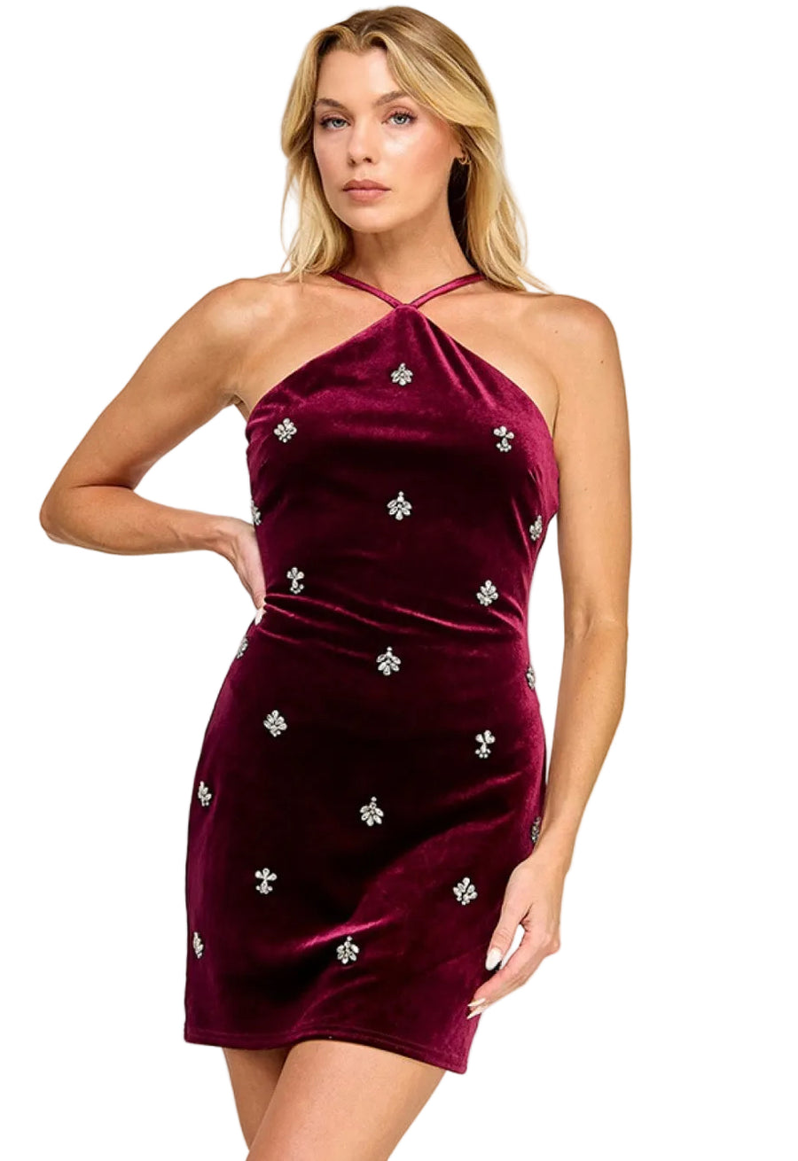 VELVET HALTER NECKLINE RHINESTONE MINI DRESS- Maroon /wine