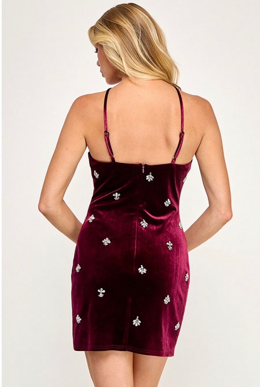 VELVET HALTER NECKLINE RHINESTONE MINI DRESS- Maroon /wine