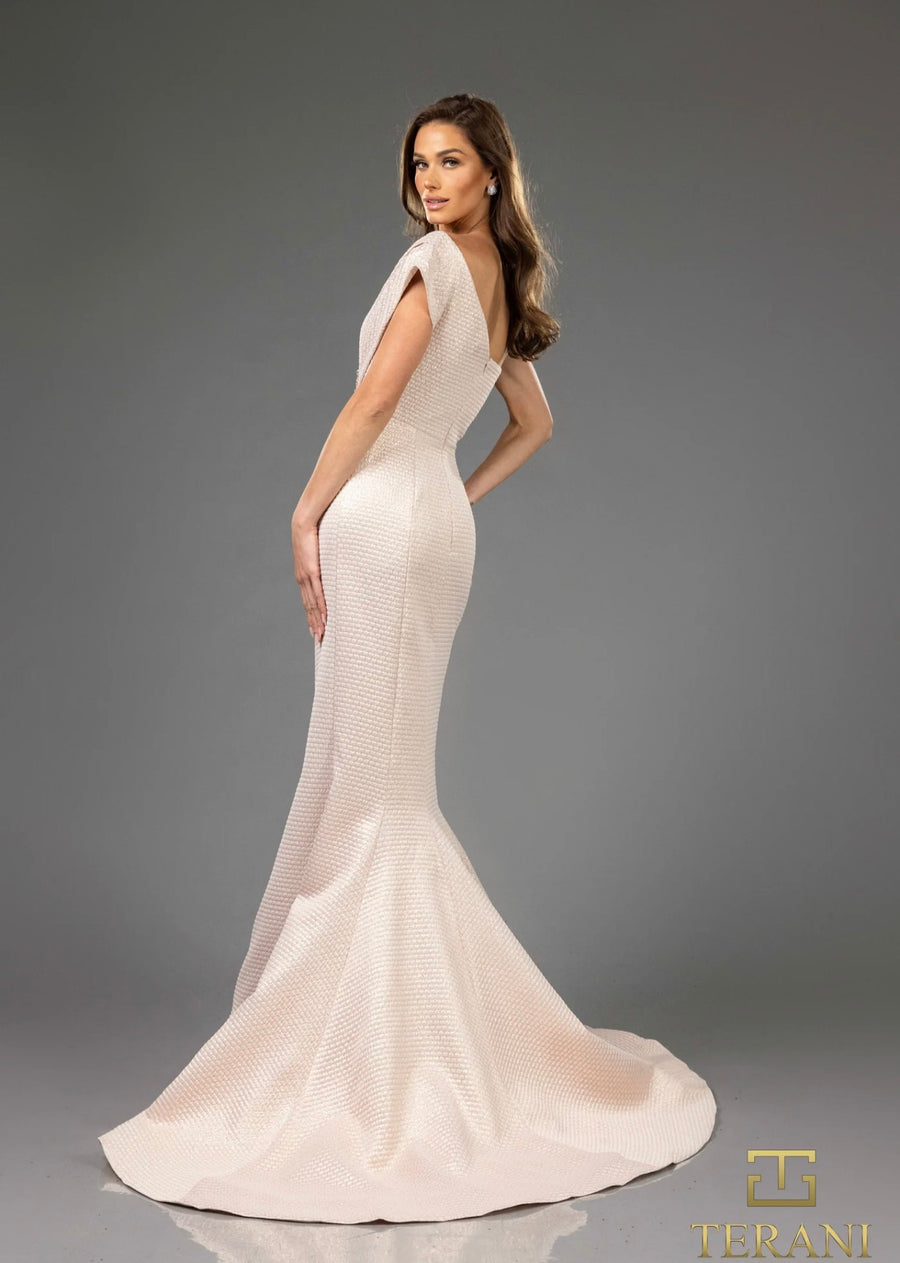 Champagne -251E4201 JACQUARD ASYMMETRICAL SLEEVELESS TRUMPET DRESS