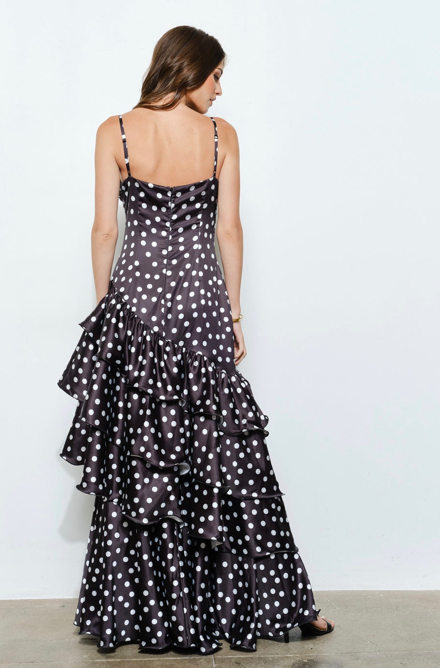 Satin Polka Dot Tiered Ruffle Maxi Dress-Black and white