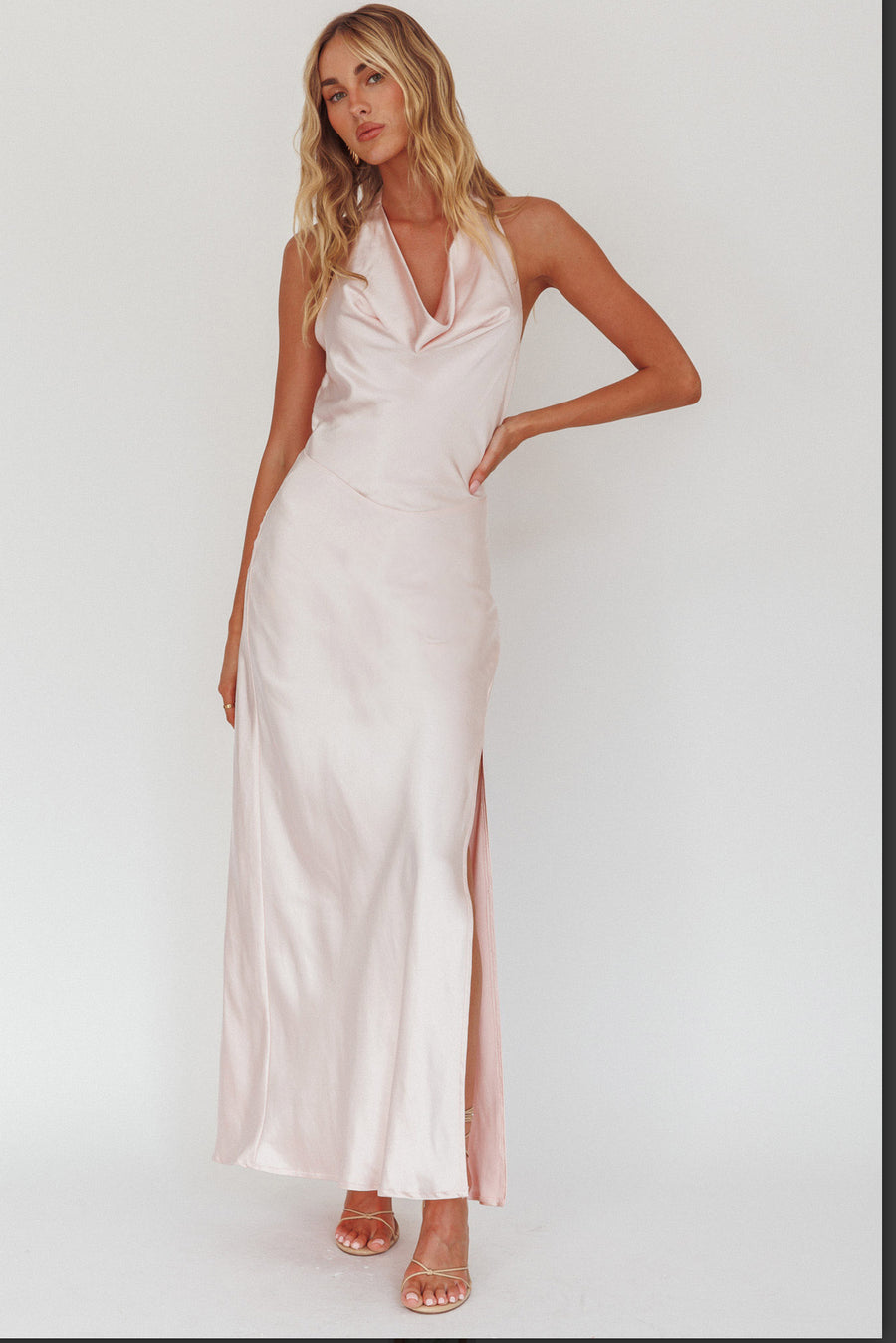 Light pink Julie halter neck satin dress